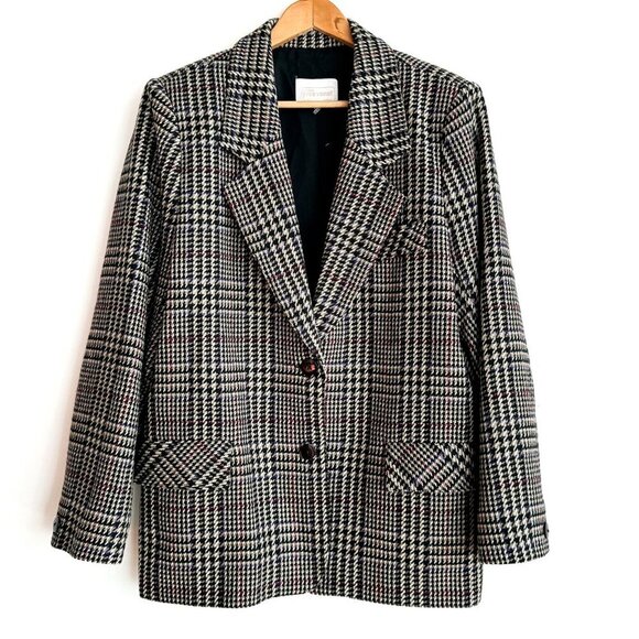 Vintage Yves Venet Houndstooth Plaid Classic Wool Blazer L - Picture 1 of 9